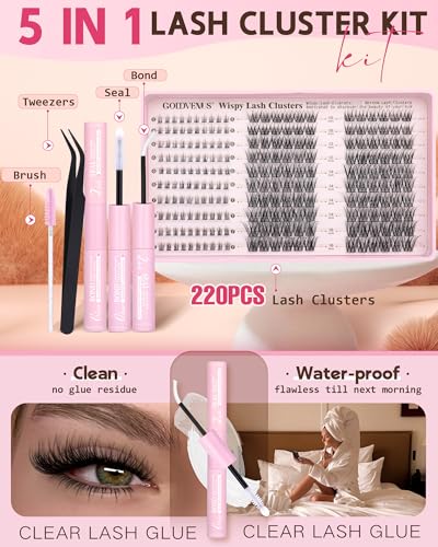 Image of 220Pcs Wispy Lash Clusters Kit Cluster Eyelash Extensions Kit Natural DIY C Curl Individual Lashes Clusters With Bottom Eyelashes