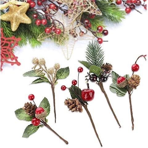 UHBGT 30 Pcs Artificial Pine Picks, Red Berry Stems Pine Branches Mini Artificial Holly Red Berry Pine Cone Picks for Christmas Holiday Decor Crafts Gifts Cover