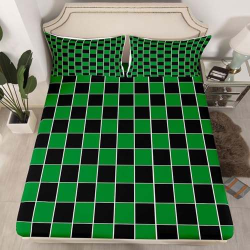 Image of Erosebridal Plaid Sheet Set Queen Green Black Checkerboard Bed Sheets Geometric Checkered Bedding for Kids Boys Girls,Aesthetic Grids Bed Sheets Set 4 Piece