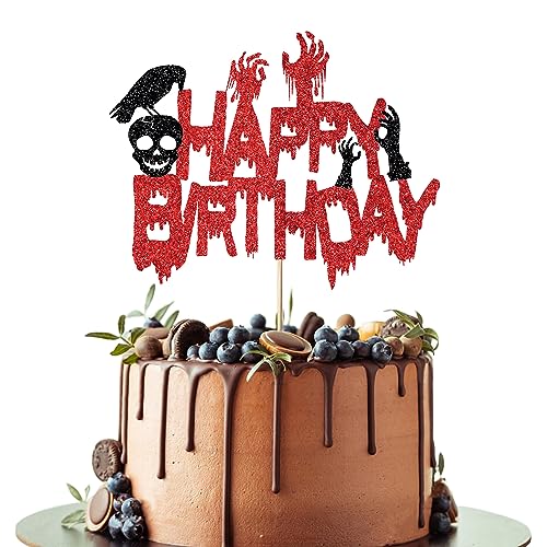 Leetaivie Halloween Happy Birthday Cake Topper, Skeleton Bloody Zombie Hands Themed Birthday Party Cake Decorations