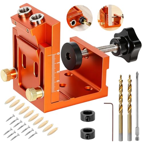 Pocket Hole Jig Kit, Pocket Hole Drill Guide Jig Set for 15° Angled Holes, Adjustable Angle Grill Guide Pocket Screw Jig with Screws, Wood Plugs & Allen Wrench for Woodworking