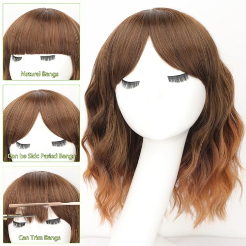 Image of AISI HAIR Synthetic Wavy Curly Bob Wig with Bangs Ombre Brown to Auburn Brown Wig Short Hair for Women Synthetic Heat Resistant Bob Wigs