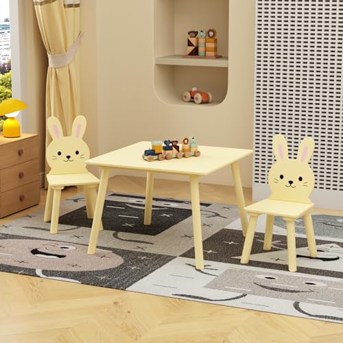 Image of Wood Table & Chairs 3 Pieces Set, Boys Girls Activity Table w / 2 Animal Shaped Chairs, Solid Wood Legs, Safe Rounded Corners, Playroom Furniture for Boys & Girls Activity Dining Drawing Craft.