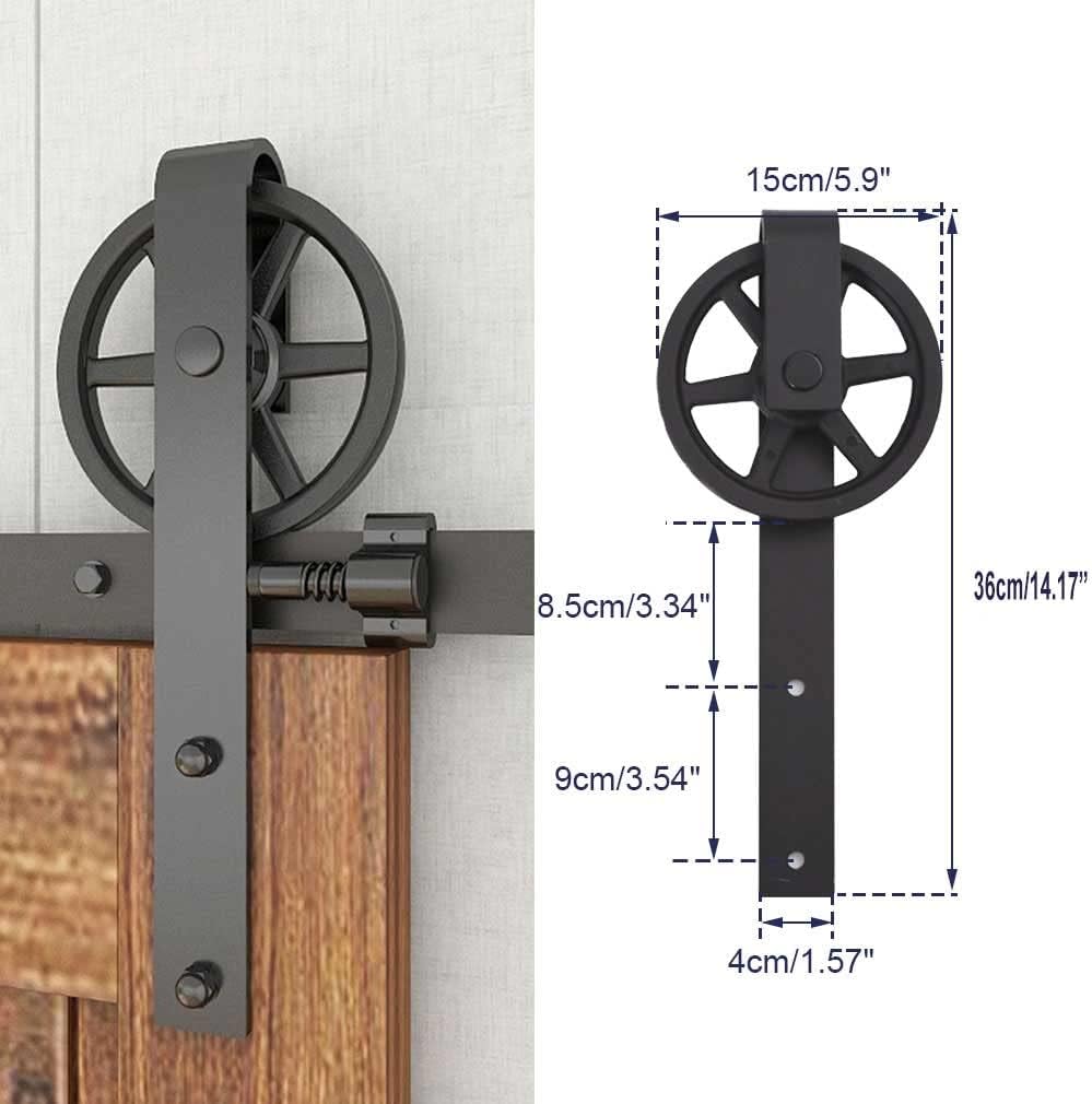 CCJH 7.5ft Heavy Duty Double Sliding Barn Door Hardware Kit -Smoothly and Quietly -Fit 23 inch Door Panel (Big Spoke Wheel Hanger J Style)