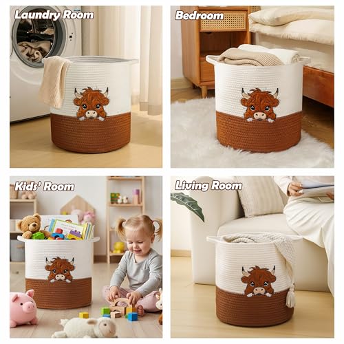 Image of Large Blanket Baskets for Living Room, Highland Cow Storage Baskets for Toys Organizer Woven Cotton Rope Basket for Kids, Clothes Hamper with Embroidery Highland Cow Decor for Nursery Laundry