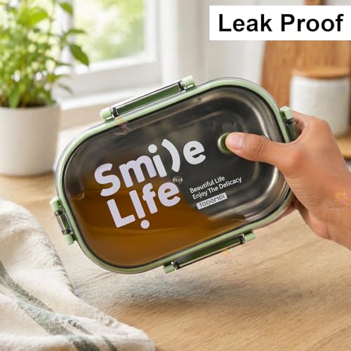 Image of WISHKEY Stainless Steel Lunch Box with Plastic Condiment Box for Kids & Adults, Leak Proof Air Tight Food Storage Container With Vent Hole, Tiffin Box Set for School & Office, 710 ml(Pack of 1, Green)