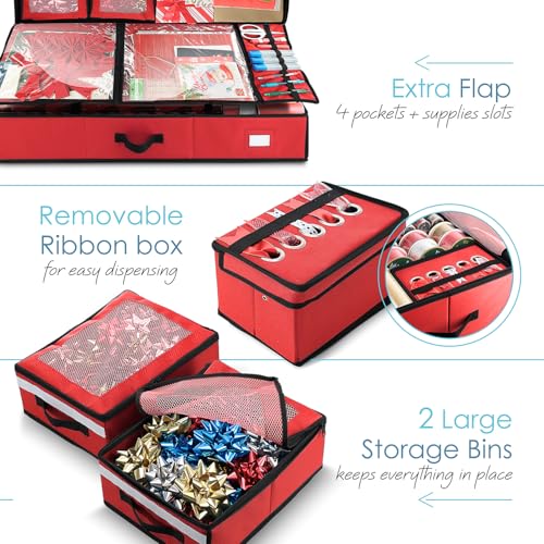 Image of Hearth & Harbor Wrapping Paper Storage Container with Ribbon Dispenser and Interior Pockets - Large Christmas Storage Containers with Wheels, Fits 30 Rolls of 40 inch Length, Red