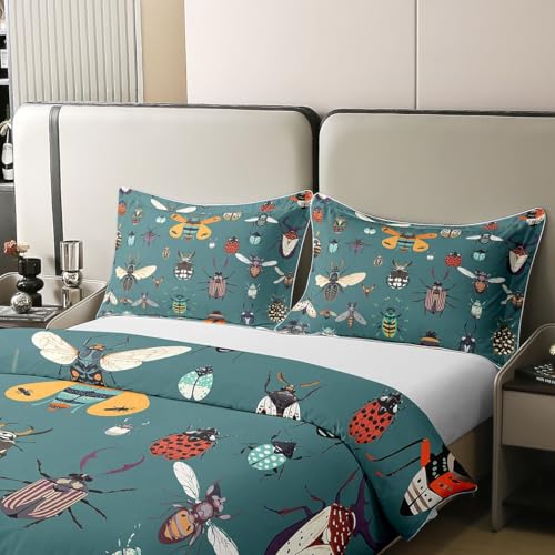 Housse de couette coléoptères 100% coton pour lit simple, avec taie d'oreiller rustique