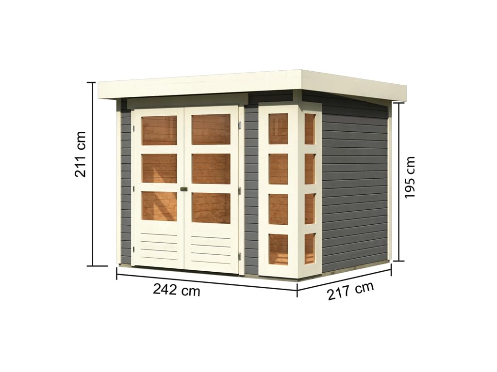 Karibu Gartenhaus | Gerätehaus mit 19 mm Wandstärke | Doppeltür mit Lichtausschnitten + Fenster | Schuppen mit 5,26 m² Grundfläche | Steck-/Schraubsystem | Terragrau | 242 x 217 x 211 cm