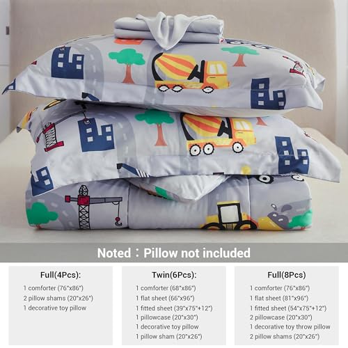 Image of Mooreeke Kids Twin Comforter Sets for Boys 6 Pieces Excavator Grey Bedding Set for Teens Soft Microfiber Kids Bed in A Bag with Comforter, Sheet Set, Shams and Decorative Toy Pillow All Season