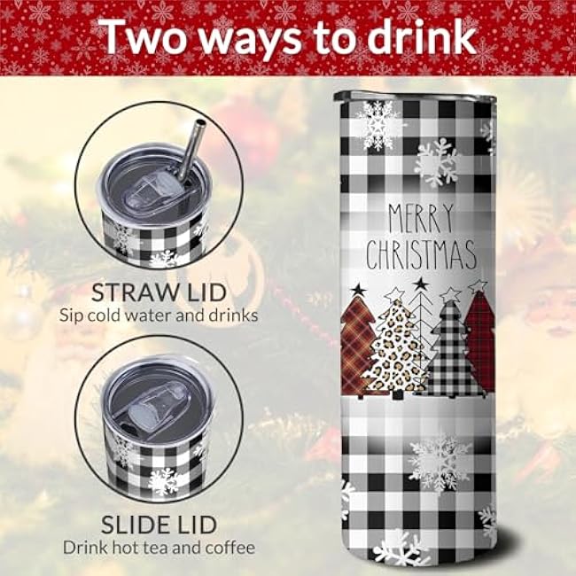 20 oz Christmas Skinny Tumblers with Lid and Straw, Buffalo Christmas Tree Stainless Steel Vacuum Insulated Travel Coffee Mug Cup Water Bottle, Christmas Decor Stuff Accessories Gifts for Women
