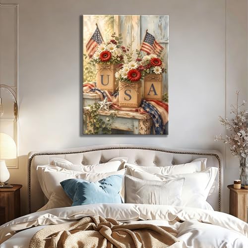 Image of Patriotic Wall Art Canvas Prints Pictures, 4th of July Americana Artwork Rustic USA Flag Floral Decor Independence Day Decorations for Home, Farmhouse Wall Decor for Living Room Bedroom Office