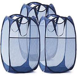 TECHMILLY Collapsible Mesh Pop Up Laundry Hamper with Sturdy Handles and Side Pocket - Portable Foldable Clothes Baskets for Dorm, Bathroom & Travel Storage (Blue, 3 Packs)