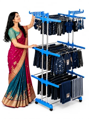 Image of SUNDRY 1pc 3-Tier Rolling Clothes Drying Rack,Freestanding Rack for Bathrooms, Apartments, and Laundry Rooms, with 360 Wheels for Easy Movement