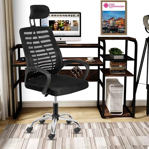 Casa Copenhagen,Mesh Office Desk,Rocking, Ergonomic Computer Chair Adjustable High with Headrest and Comfortable Armrest Swivel Chair - Ebony Black & Black Handle