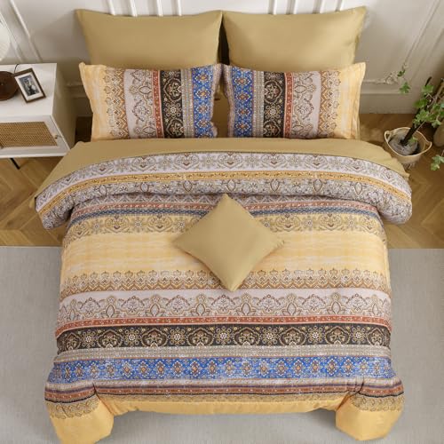 Image of Cottolester Boho Full Comforter Set 8 Pieces,Yellow Bohemian Striped Bed in a Bag,Paisley Soft Microfiber Bedding Comforter Set