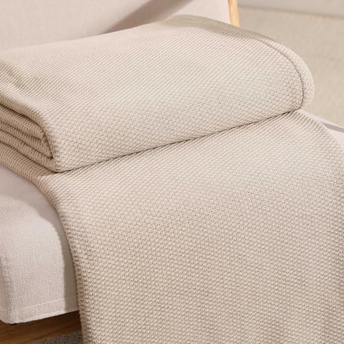 Image of Tommy Hilfiger - Queen Cotton Blanket, Textured Pique Weave Bedding, Medium Weight Soft Blanket, Anti-Pilling & Fade Resistant, Ideal for Layering, Oeko-TEX Certified (Beige)