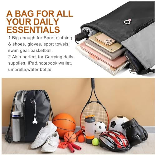 Image of ALASKA Drawstring Backpack Sports Gym Bag Large Size (18 Inch x 14 Inch) for Women & Men, Large Size With Two Zipper Pockets and Water Bottle Mesh Pocket.