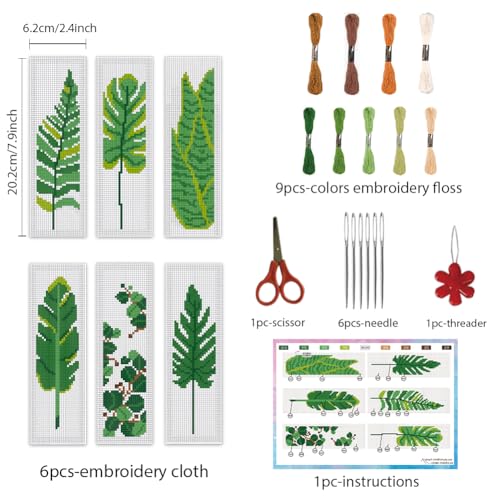 Image of INFUNLY 6PCS DIY Green Leaves Cross Stitch Bookmark Kits 7.9x2.4 Tropical Plant Stamped Embroidery Bookmarks Kit with Instruction Foliage Needlepoint Bookmark Kits for Book Lovers Readers Writers