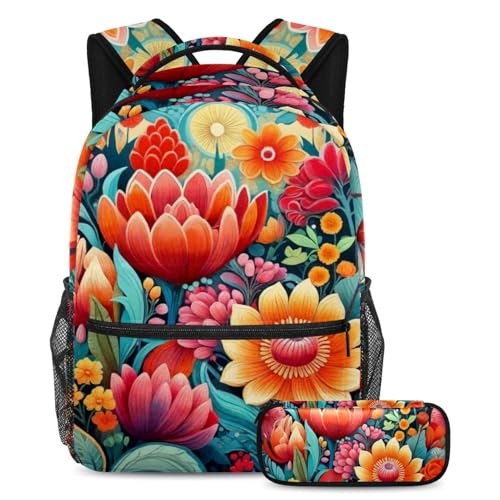 Ensemble cartable fleurs rouges vifs grand sac à dos anti mal de dos avec trousse assortie