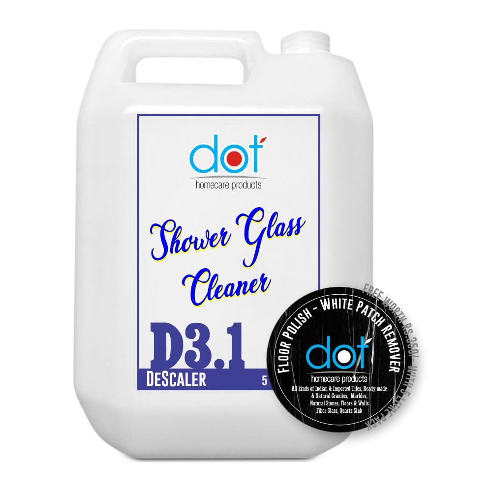 DOT Homecare ProductsShower Glass Cleaner for bathroom 5 Litres | Remove Heavy & Tough Lime Scale, Salt Stains and Hard Water marks & shower door bottom stains, Floor Polish 100grams