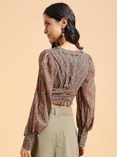 Image of Tokyo Talkies Women's Floral Printed V-Neck Top | Cuffed Sleeves | Elegant & Feminine | Perfect for Work & Casual Chic | Tops for Woman | Women Tops | Women Crop Top