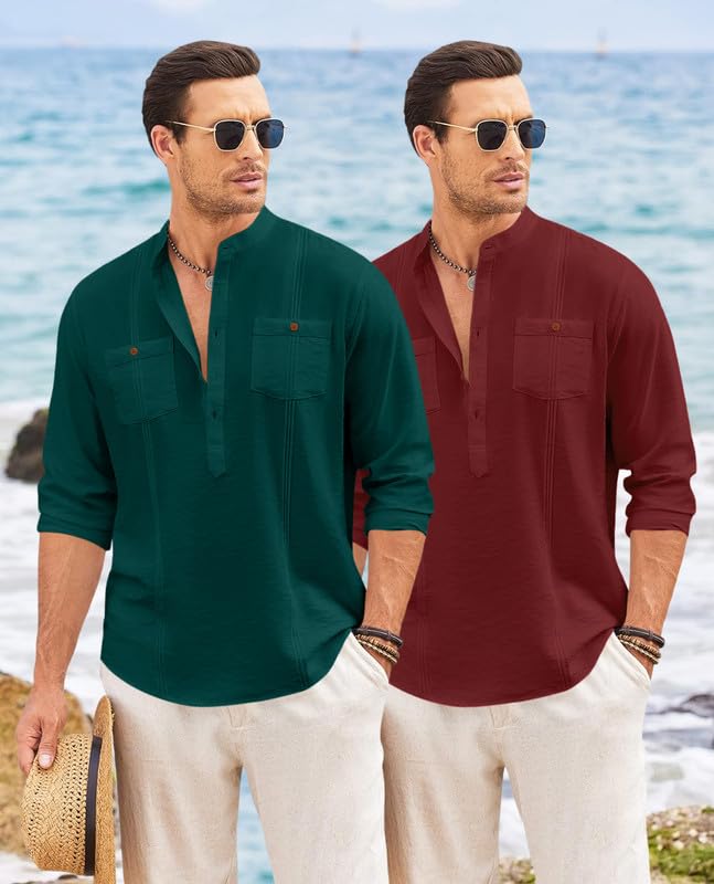 Image of Macsivo Combo of Men's Regular Fit Cotton Blend Solid Casual Short Kurta with Mandarin Collar and Pockets Kurta Pack of 2