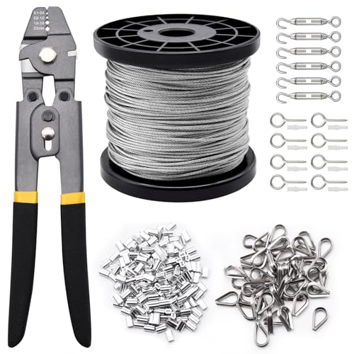 Wire Rope Set, 328ft 1/16" Wire Rope Cable with 200pcs Crimping Sleeves 50pcs Thimbles 6pcs M4 Hook & Eye Turnbuckle and 8pcs Eye Screws for Railing, Decking, Hanging