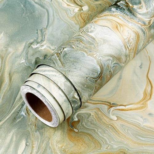 LACHEERY Green and Gold Marble Contact Paper for Countertops Matte Marble Countertop Peel and Stick Waterproof Bathroom Wallpaper Peel and Stick Countertops for Kitchen Counter Top Cabinets 15.8"x80"
