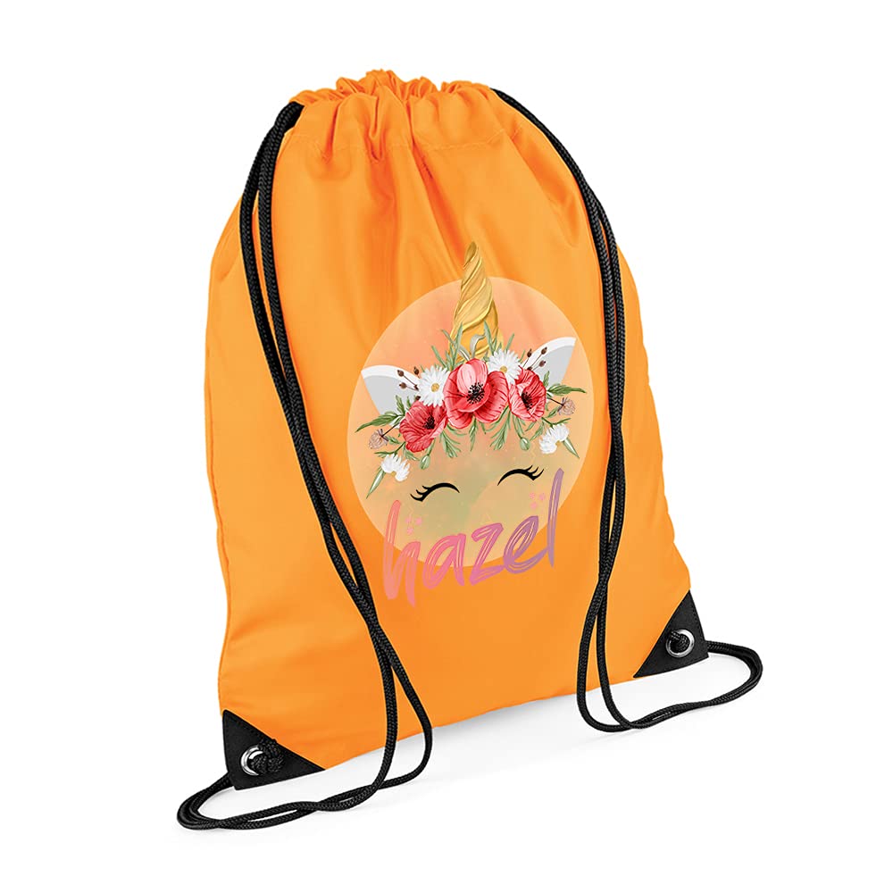 Personalised Unicorn Magicaly Stars Crown Castle Floral Girl ANY NAME Kids Birthda Back To School Drawstring Bag, PE Gym Kit, Swimming Rucksack. (Fluorescent Orange)