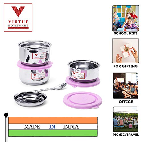 Image of Stainless Steel 3 Container Lunch Box Set |2 Containers 350ml Each & 1 Container 280 ml with Spoon and Bag|Dishwasher Safe|Air Tight Tiffin with Pink lid |Office Travel Picnic School