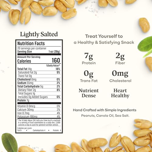 Image of Belmont Peanuts Gourmet Lightly Salted Sea Salt Virginia Peanuts, 20 oz (1 Pack) - Only 3 Simple Ingredients, No Preservatives, 7g Protein - A Premium, Salty, Crunchy, Hand Seasoned Snack