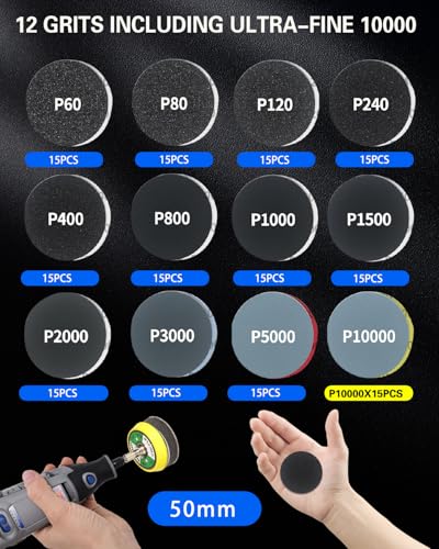 194 PCS 2 Inch Wet Dry Sanding Discs, Drill Polishing Kit with 60 to 10000 Grit Hook and Loop Sandpaper Assortment for Dremel, Headlight Restoration Kit with Buffing Pads for Auto Wood Metal Resin - Thumbnail 2