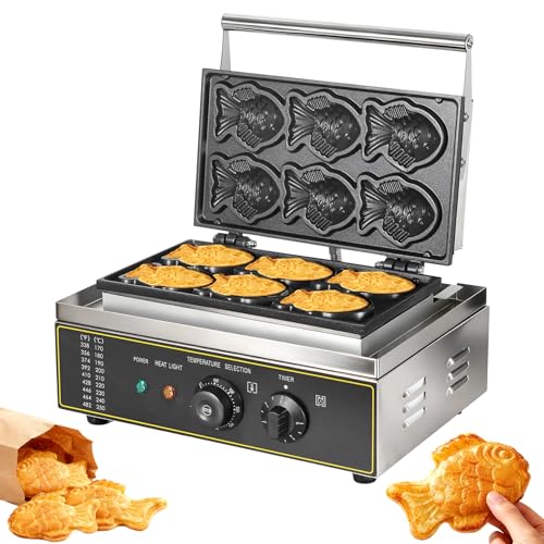 Yingyunvo Commercial Taiyaki Fish Waffle Maker, 1550W Electric Countertop Taiyaki Machine With Non-Stick Plates And Adjustable Thermostat (122°F-572°F) Makes 6 Mini Waffles 120V For Restaurant & Home