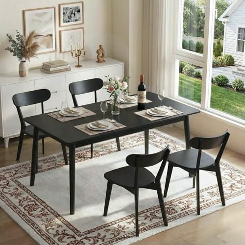 Image of 100% Solid Wood Dining Chairs,Mid Century Modern Dining Chairs with Rounded Backrest,Kitchen,Dining Room Chairs Set of 1 /2 /4 (4, Black Color)