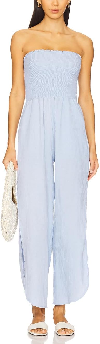 ALENDA DANMOS Women Strapless Jumpsuit Smocked Tube Wide Leg Pants with Slit Summer Romper Pockets One Piece Outfit 88