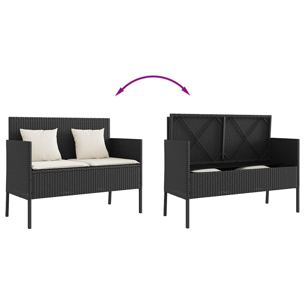 SYDE Banco de Jardín Ratán Sintético Negro con Almacenamiento | Asiento Exterior con Cojín Acolchado, Bolsa Impermeable, Apertura Segura con Resorte de Gas
