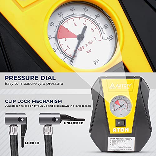 Image of Autofy Atom 1 Year Warranty Car Tyre Inflator 100PSi Rapid Mini Portable Air Compressor Pump (4 Meters Long Wire - 12V DC)