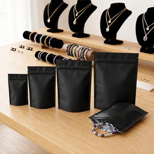 Image of BELLE KR 100pcs Black Mylar Bags with Gusseted Bottom - Extra Thick 3.937 Mil - 6 inchx9 inch Resealable Stand Up Mylar Ziplock Bags with Label Stickers