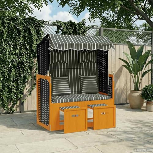 Kangardius Sillón de playa con cojín de poliratán y madera maciza, color negro y gris, 115 x 55 x 156 cm, toldo, respaldo ajustable en 3 posiciones, acolchado con reposacabezas