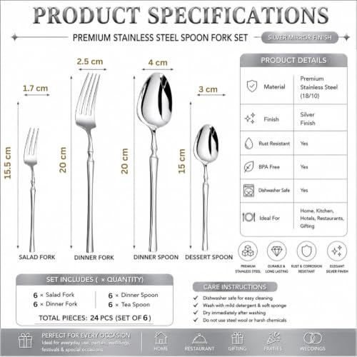 Image of 24 Pieces Silver Stainless Steel Cutlery Set for Dining Table | 6 Dinner Spoons, 6 Dinner Forks, 6 Dessert Spoons & 6 Fruit Forks (Perfect Spoon Fork Set for Kitchen)