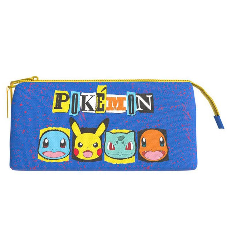 ms móvil shop Portatodo Estuche Pokemon Escolar 3 Compartimentos para Niños Azul - Picachu, Charmander, Squirtle, Bulbasaur, Producto Oficial