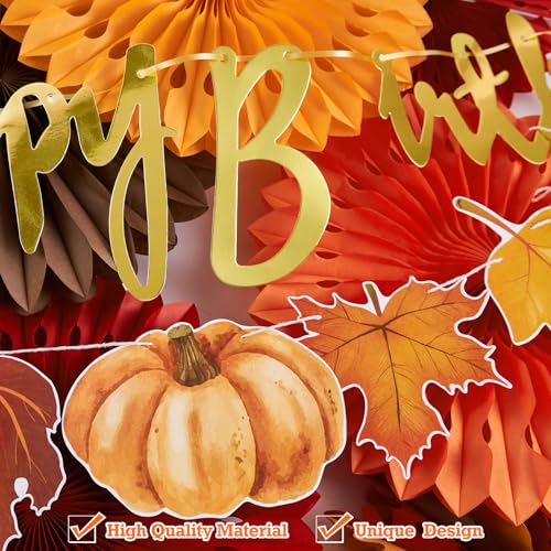 Image of SUNBEAUTY Fall Party Decorations Orange Birthday Decorations Hanging Paper Fan Pumpkins Paper Pom poms Maple Leaves Happy Birthday Banner for Thanksgiving Autumn Harvest Classroom Office Party