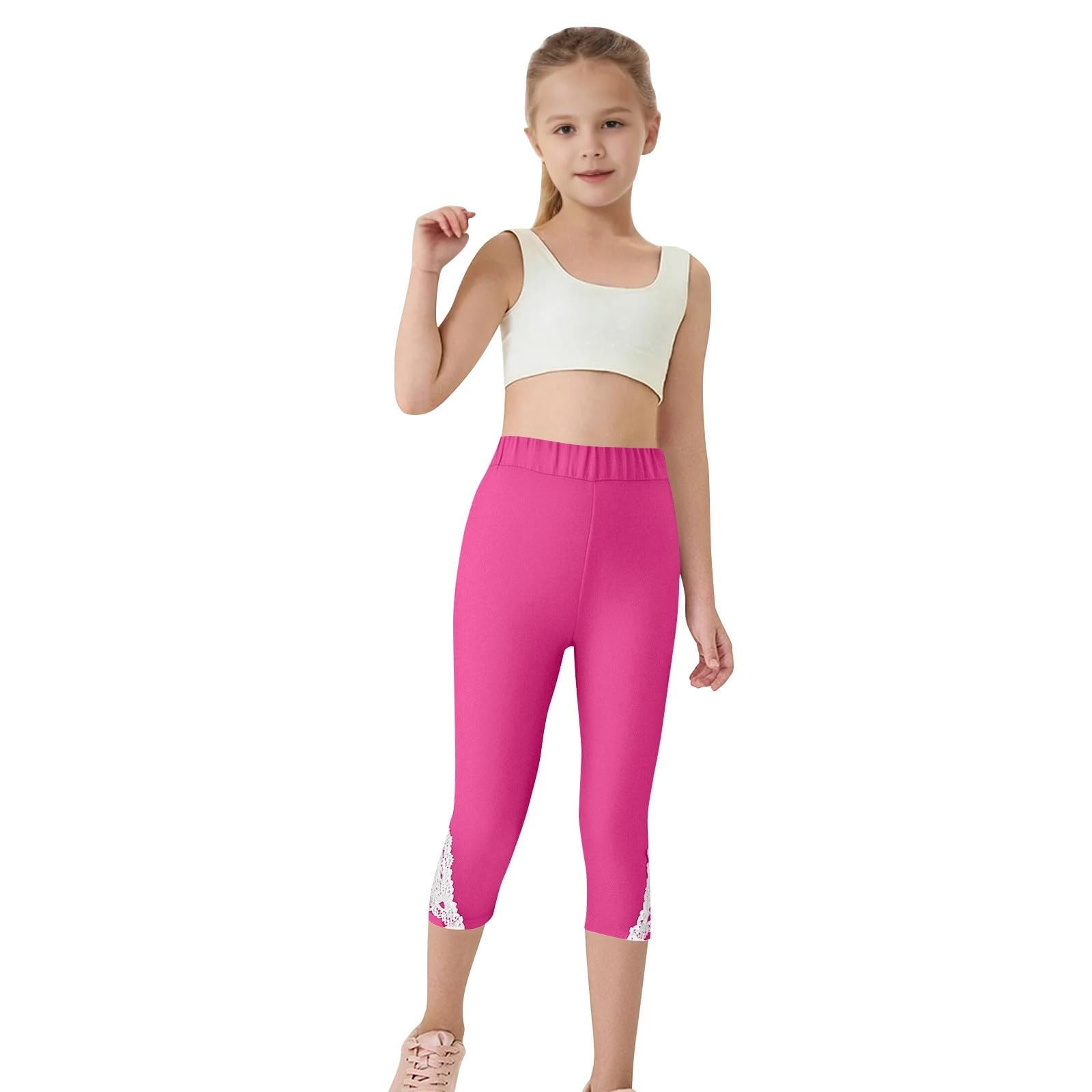 Girls Lace Trim Leggings 3/4 Length Capri Pants High Waist Stretchy Yoga Cropped Bottoms (Hot Pink, 2-3 Years)