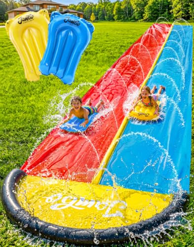 Image of JAMBO 22ft Double Lane Slip Splash and Slide with 2 Bodyboards with Built in Sprinkler for Backyard Outdoor Water Fun for Kids