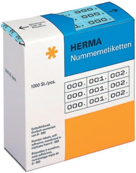 HERMA Number Labels 0-999, Double, 2000 Pieces, 22 x 10 mm, Self-Adhesive, Matte, Double Sequential Paper Number Labels, Asset Numbers in Dispenser Box, Red Printed