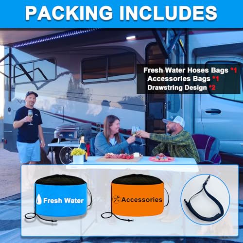 Image of 2-Pack Waterproof RV Hose Storage Bags with Drawstring Mesh Top, RV Utility bag, Sewer Hose Bag, Camper Tools Accessories Bag for Electrical Cords, Black /Fresh Water Hoses, Blue and Orange