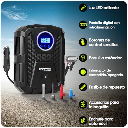 FORTEM Inflador de Ruedas de Coche, Compresor de Aire - Compresor de Aire Portátil para Ruedas de 12 V con Luz LED - Manómetro Digital, Autobombeo, Parada Automática - Bolsa de Transporte (Negro) - imagen 2