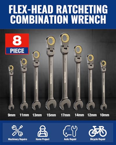 Image of WORKPRO 8-piece Ratcheting Combination Wrench Set, Metric & Nickel Plating | Metric 9-17 mm, 180 Flex-Head, 72-Teeth Cr-V Steel, Combination Wrench Set with Organization Bag for Auto Repair & Home DIY