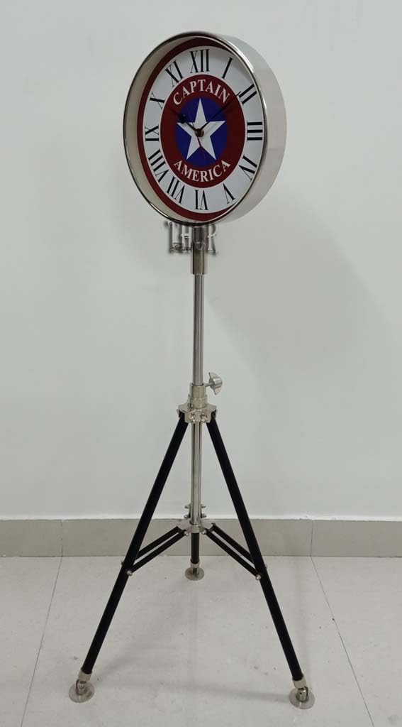 THOR INSTRUMENTS Captain America Shield Style Quartz Mute Clock Bar Bedroom Home Cosplay Floor Clock Maritime Tripod Stand
